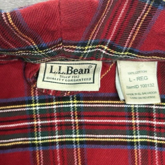 L.L.Bean Flannel Scotch Plaid Robe Vintage Mens Size L Red Cotton Lounge USA - Picture 4 of 5